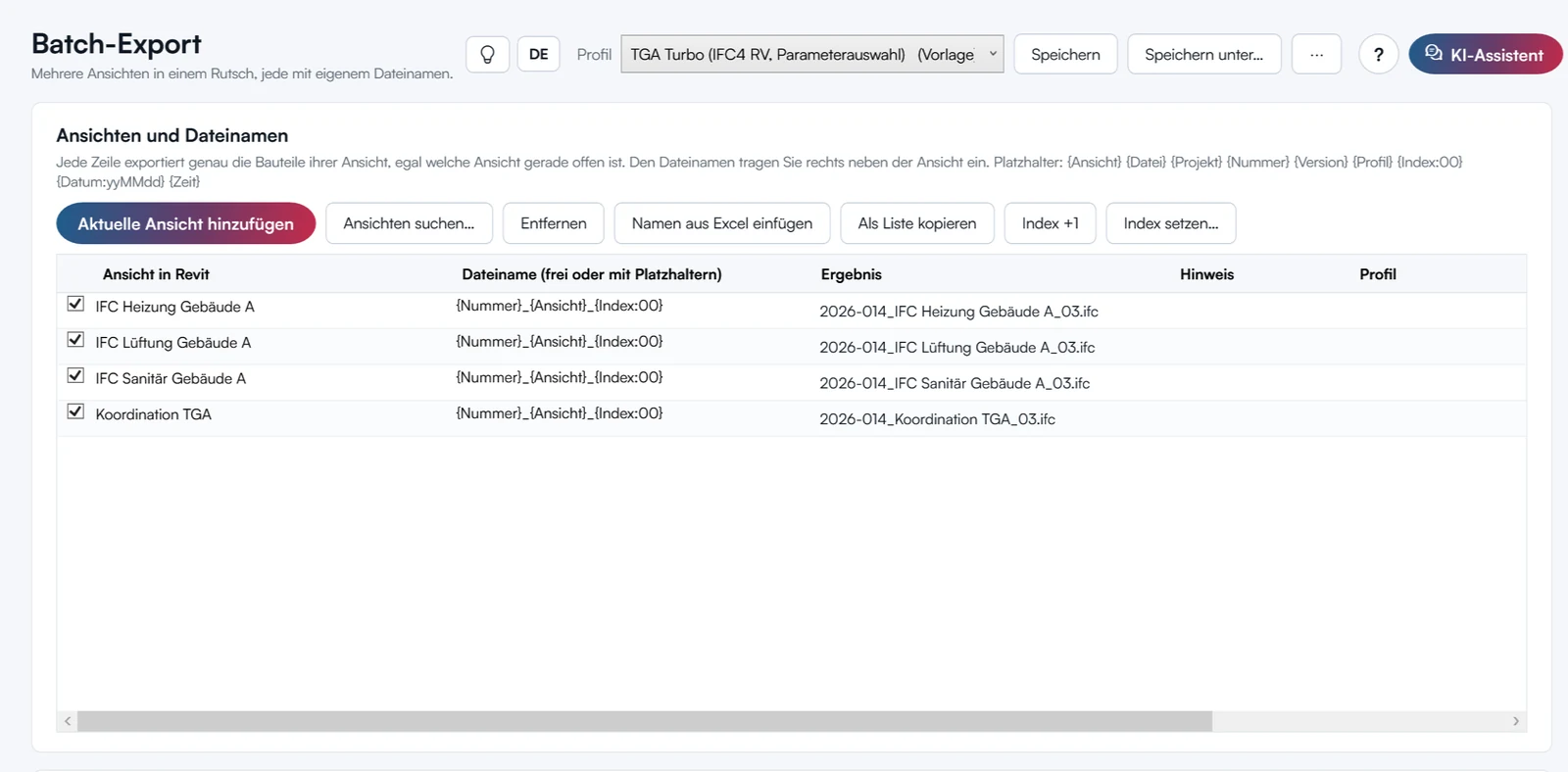 Batch-Export mit vier Ansichten und fertigen Dateinamen