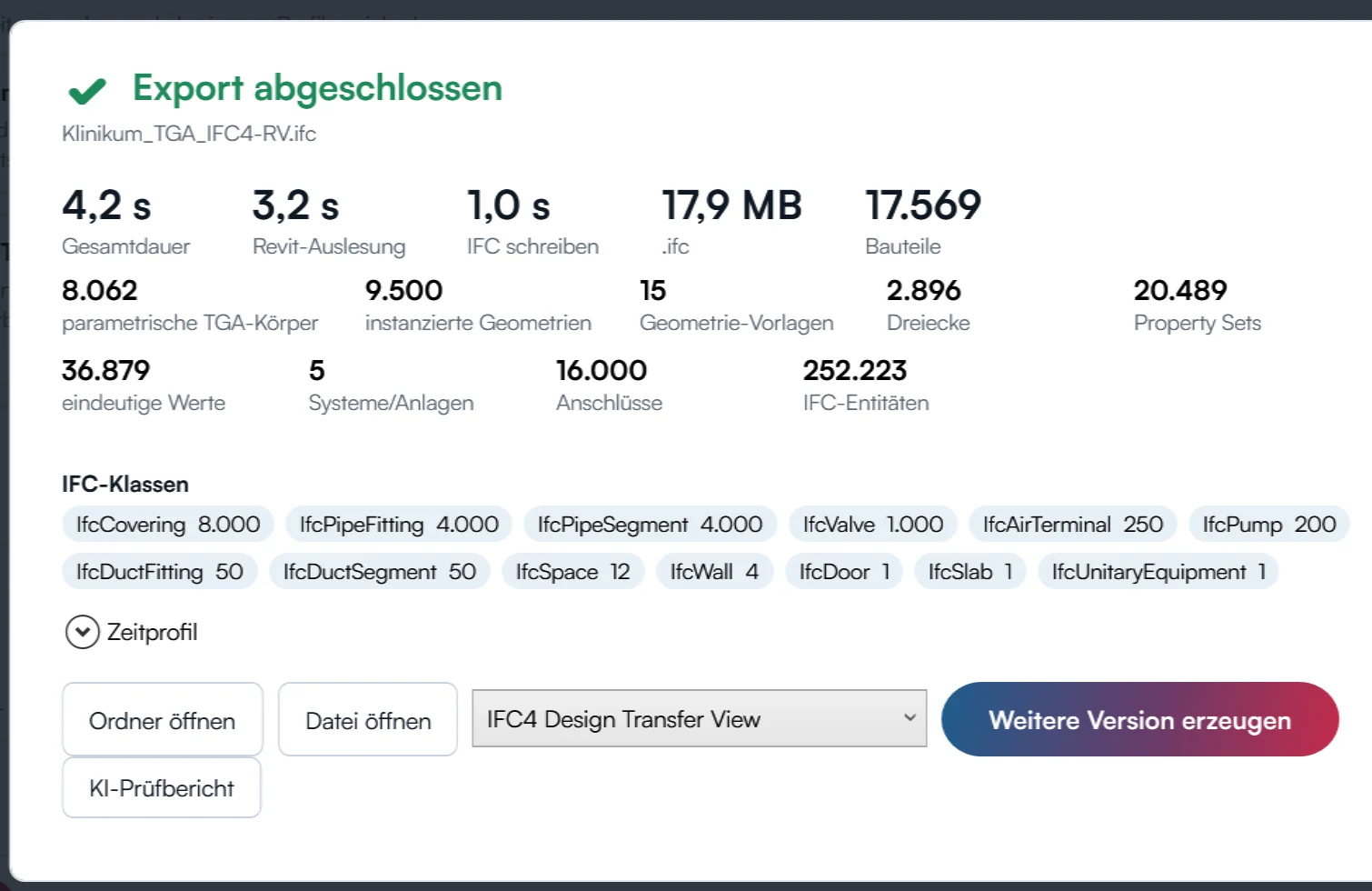 Export-Ergebnis mit Klassen, Systemen und Hinweisen