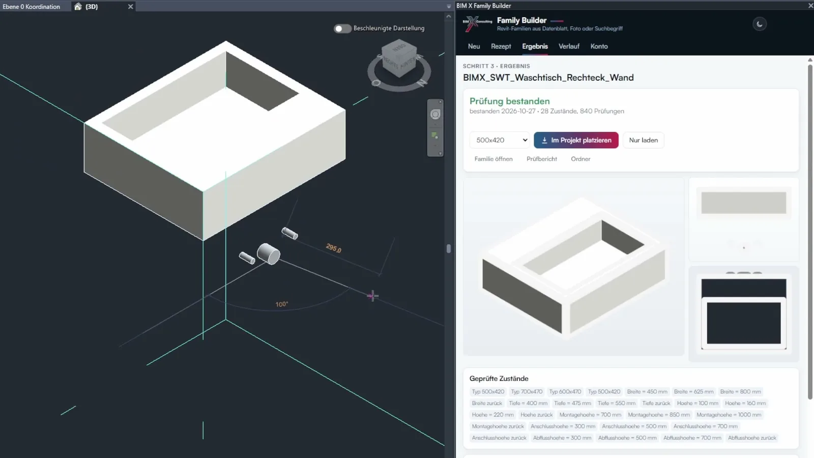 Waschtisch im 3D-Modell platziert, mit Anschlüssen für Kalt-, Warm- und Abwasser, rechts das Ergebnis mit Knopf Im Projekt platzieren