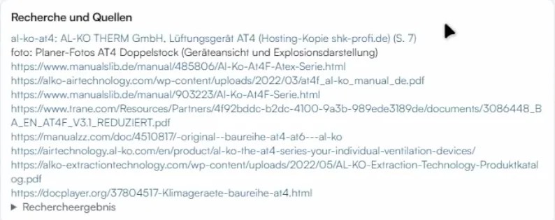 Recherche und Quellen eines Lüftungsgeräts: Datenblatt des Herstellers mit Seitenangabe, Planer-Fotos und Links zu Handbüchern und Produktseiten
