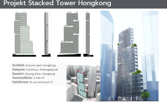 Projektkarte des Stacked Tower Hongkong mit Ansichten und Fakten