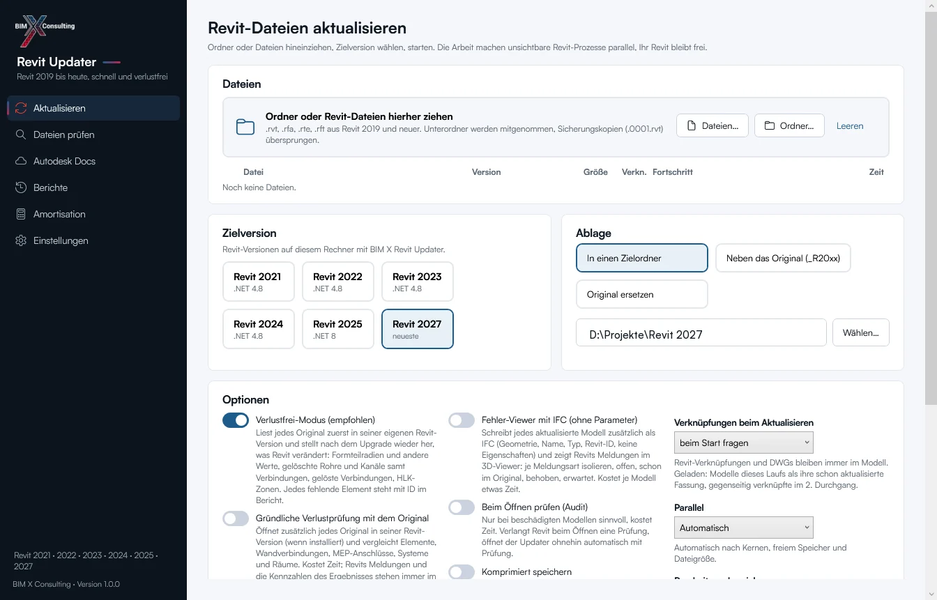 BIM X Revit Updater: Revit-Dateien aktualisieren mit Zielversion, Ablage und Optionen wie Verlustfrei-Modus und Verknüpfungen