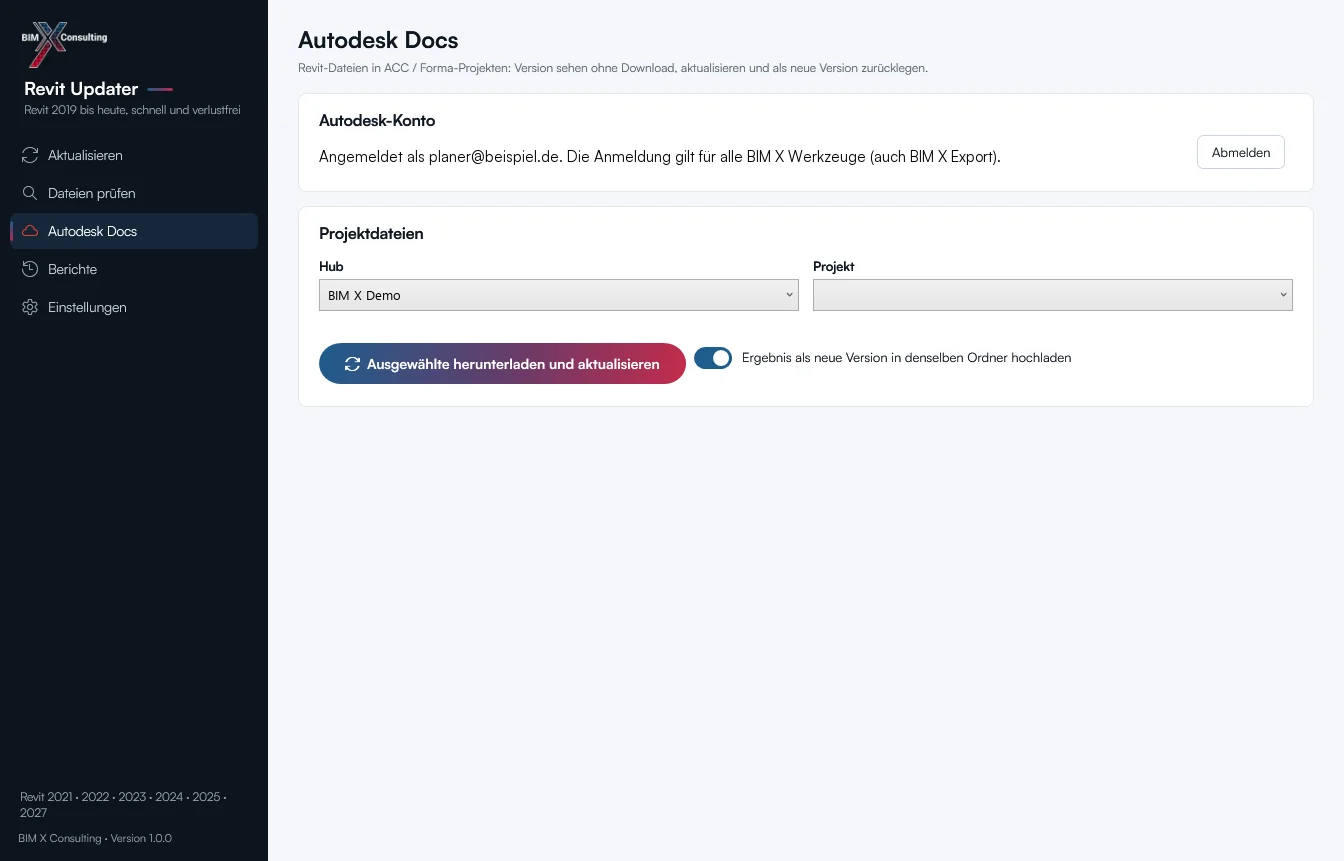 Seite Autodesk Docs mit Anmeldung, Hub und Projektauswahl