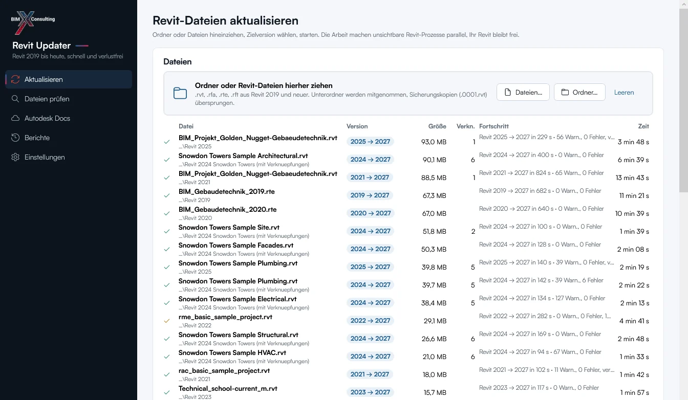 Ergebnis eines Laufs: Revit-Dateien von 2019 bis 2025 auf Revit 2027 aktualisiert, mit Größe, Verknüpfungen und Dauer
