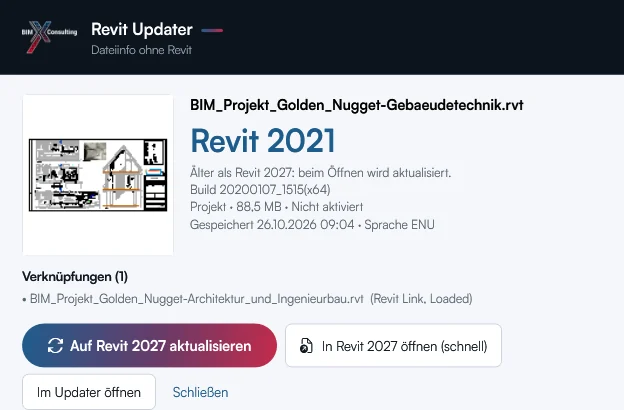 Dateiinfo ohne Revit: Revit 2021, Build, Verknüpfungen und Knopf Auf Revit 2027 aktualisieren